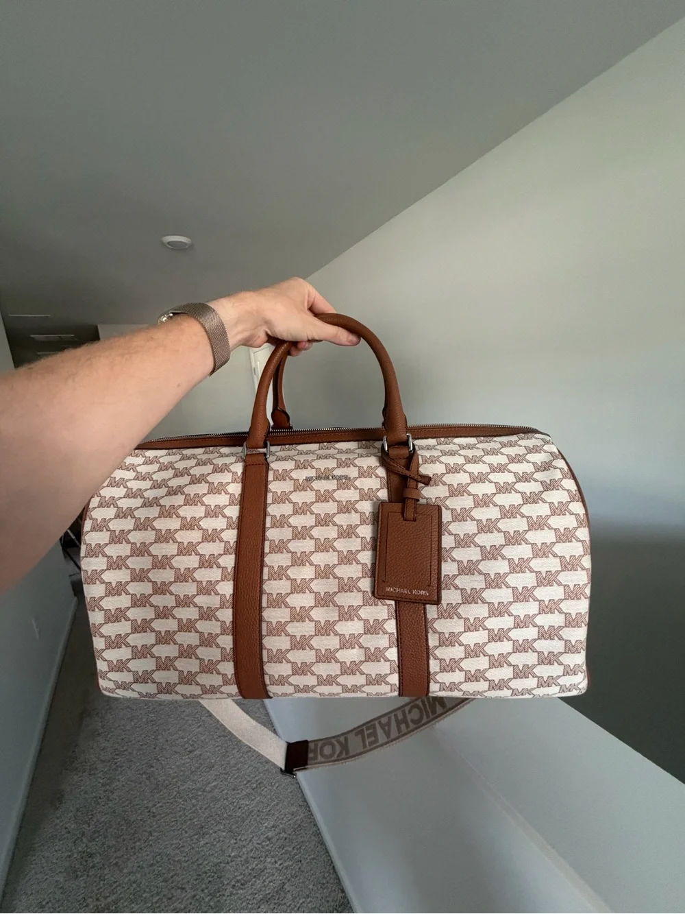 Michael Kors Cream & Brown Logo Duffel Bag with Branded Strap
